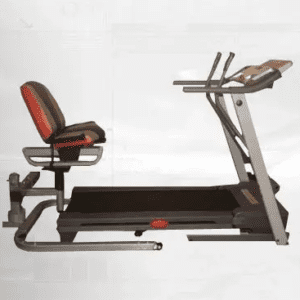 Treadmill with attached chair for workout.